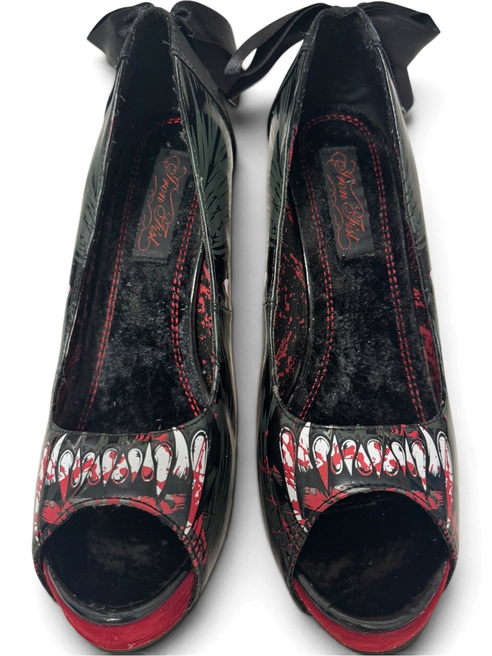 Iron Fist Wolfbeater Platform Heels Black Red Peep Toe Bow Size 8US (EU39) - Picture 4 of 7